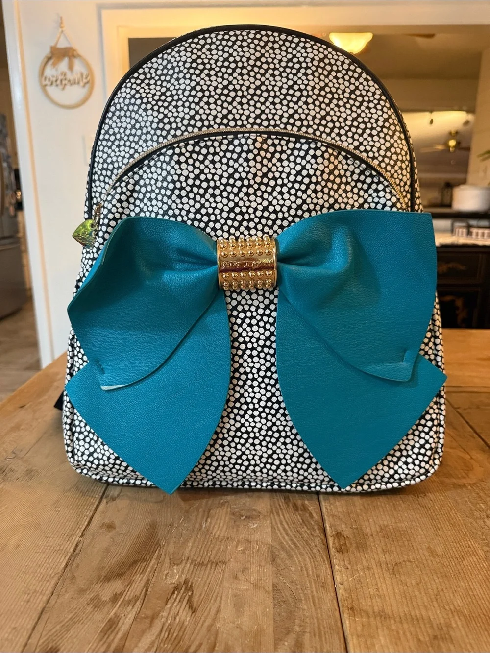 Betsey Johnson Black & White Polka Dot Backpack with Teal Bow